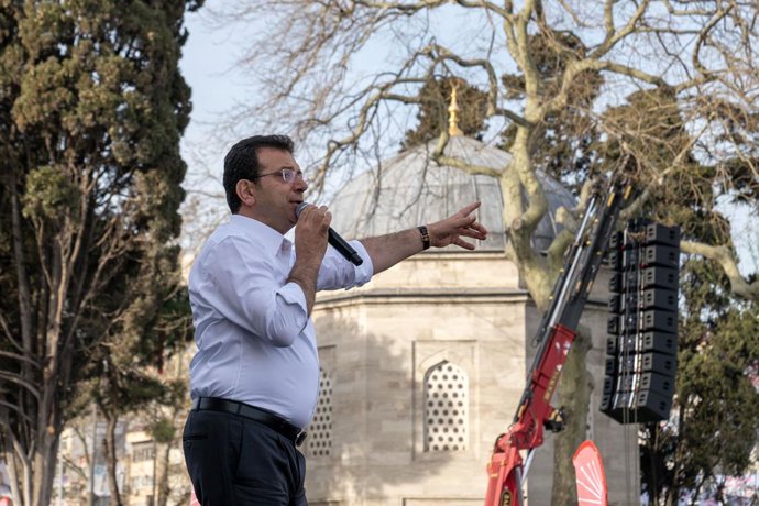 March 30, 2024, Besiktas, Istanbul, Turkey: Istanbul Metropolitan Municipality Mayor and opposition mayor candidate Ekrem Imamoglu, speaks to his supporters during campaign rally in Besiktas, Istanbul, ahead of Turkish Local elections onÂ MarchÂ 31,Â 2024