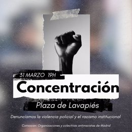 Cartel de la convocatoria de la protesta en Lavapiés contra la actuación policial.
