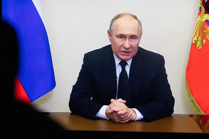 March 23, 2024, Moscow, Russia: Russian President VLADIMIR PUTIN picture on a tv screen when his addressing the country's citizens in connection with the terrorist attack at Crocus City Hall. On the evening of March 22, ISIS militants camouflaged, armed