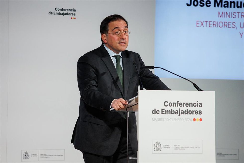 Archivo - El ministro de Asuntos Exteriores, Unión Europea y Cooperación, José Manuel Albares, interviene durante la segunda y última jornada de la VIII Conferencia de Embajadores, en la sede del Ministerio de Asuntos Exteriores, Unión Europea y Coopera