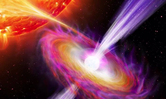 Esta impresión artística muestra cómo las explosiones nucleares en una estrella de neutrones alimentan los chorros que despegan de sus regiones polares magnéticas.