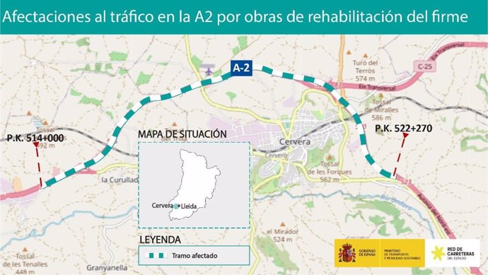 Plànol del tram rehabilitat a l'A-2 a Lleida