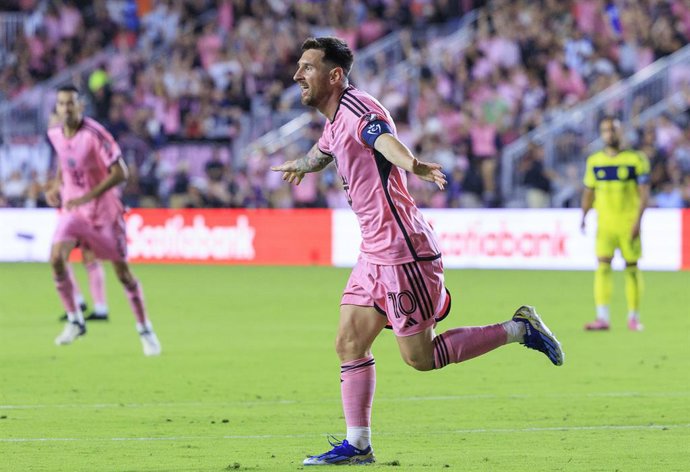 13 March 2024, US, Fort Lauderdale: Inter Miami's Lionel Messi celebrates after scoring a goal during the CONCACAF Champions Cup round of 16 soccer match between Inter Miami and Nashville SC at the Chase Stadium. 