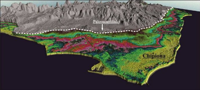 Modelo en 3D del área de estudio, entre las los municipios de Chipiona y Sanlúcar de Barrameda, en Cádiz