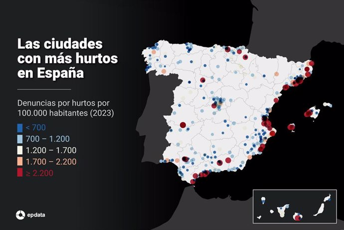 Mapa de hurtos por ciudades de más de 20.000 habitantes en 2023