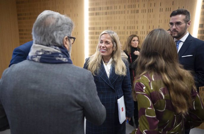 La consejera de Economía de la CAM, Rocío Albert, a su llegada a un desayuno Madrid de Europa Press, en el Auditorio ‘Meeting Place’, a 18 de marzo de 2024, en Madrid (España).