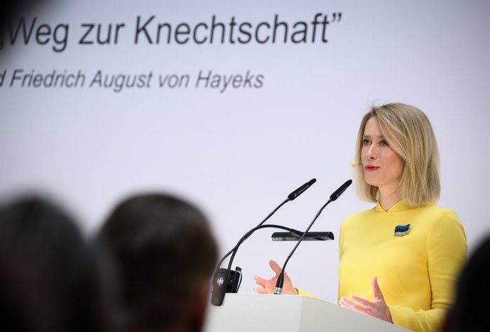 19 March 2024, Berlin: Prime Minister of Estonia Kaja Kallas speaks during the conference of the Friedrich August von Hayek Foundation entitled "80 years of the "Road to Serfdom" - How relevant are Friedrich August von Hayek's theses today?" at the Hotel 