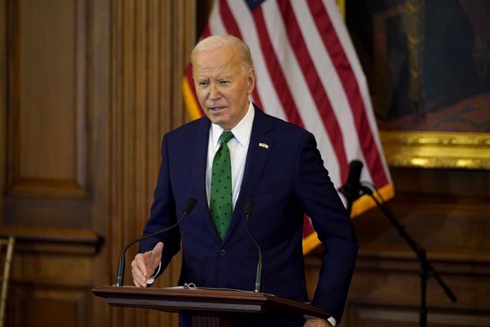 15 March 2024, US, Washington: US President Joe Biden speaks during the annual "Friends of Ireland Luncheon" hosted by Speaker Mike Johnson on Capitol Hill in Washington during the Irish Prime Minister Leo Varadkar's visit to the US for St Patrick's Day. 