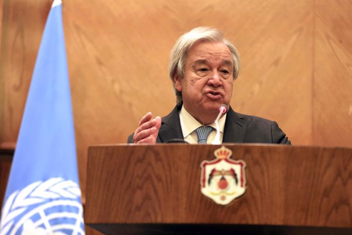 AMMAN, March 26, 2024  -- United Nations Secretary-General Antonio Guterres speaks at a joint press conference with Jordan's Foreign Minister Ayman Safadi in Amman, Jordan, March 25, 2024. Guterres said Monday that the effective delivery of humanitarian a