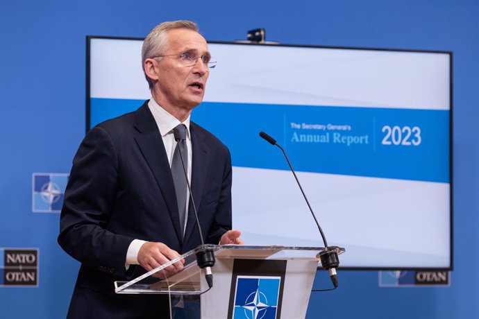 HANDOUT - 14 March 2024, Belgium, Brussels: The North Atlantic Treaty Organization (NATO) Secretary General Jens Stoltenberg speaks during a press conference on Annual Report of 2023. Photo: -/NATO/dpa - ATTENTION: editorial use only and only if the credi