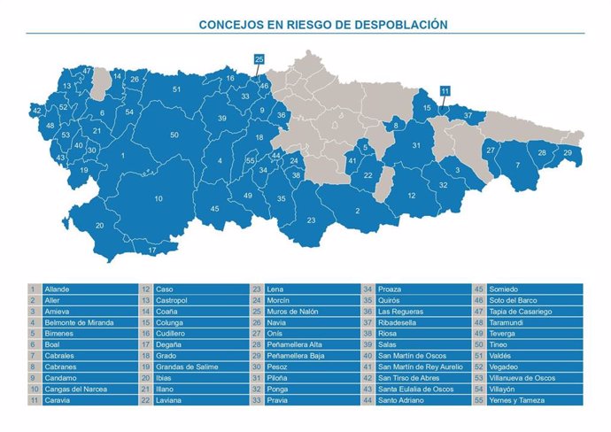 Mapa de concejos asturianos en riesgo de despoblación