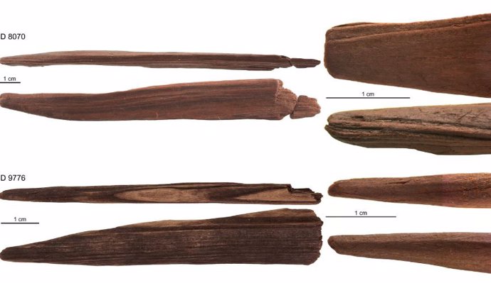 Ejemplos de maderas partidas puntiagudas e imágenes en primer plano de la punta trabajada