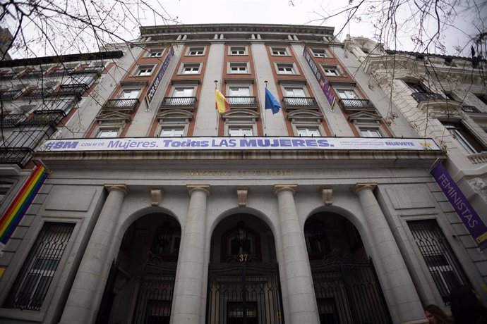 Fachada del ministerio de Igualdad, a 8 de marzo de 2024, en Madrid (España).