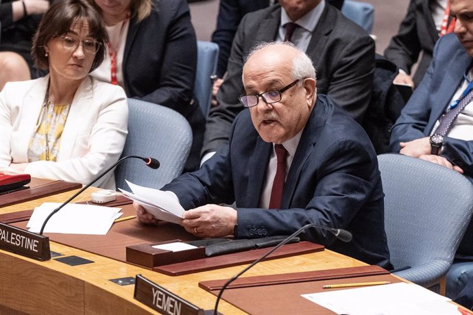 March 25, 2024, New York, New York, United States: Ambassador, Permanent Observer of State of Palestine Riyad Mansour speaks during Security Council meeting and voting on resolution on Israel and Gaza conflict at UN Headquarters in New York. Resolution wa