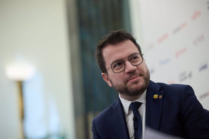 El president de la Generalitat de Catalunya, Pere Aragonès, intervé durant un esmorzar informatiu d'Europa Press, a l'Hotel Intercontinental Madrid, a 20 de març de 2024, a Madrid (Espanya).