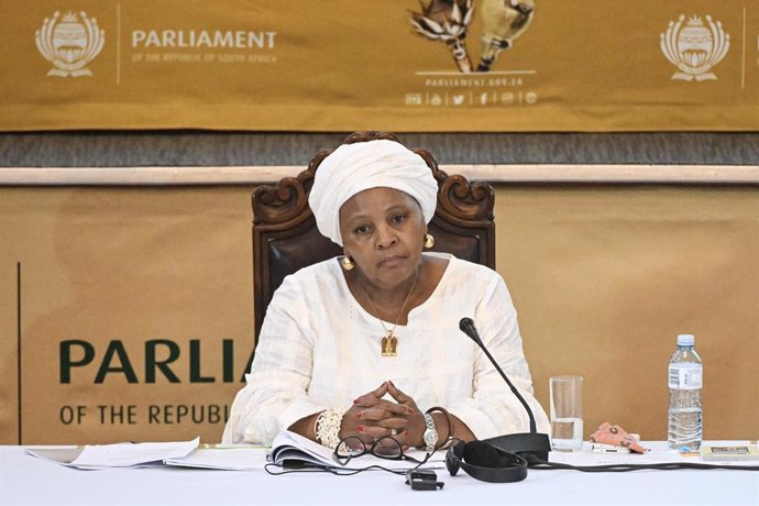 CAPE TOWN, April 3, 2024  -- File photo taken on Feb. 13, 2024 shows South African National Assembly Speaker Nosiviwe Mapisa-Nqakula at a parliament meeting in Cape Town, South Africa. Mapisa-Nqakula resigned on April 3 amid investigations into corruption