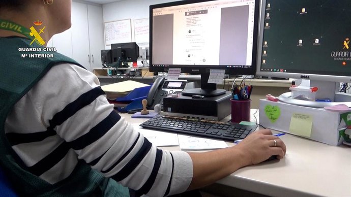 Agent de la Guàrdia Civil examina un ordinador.