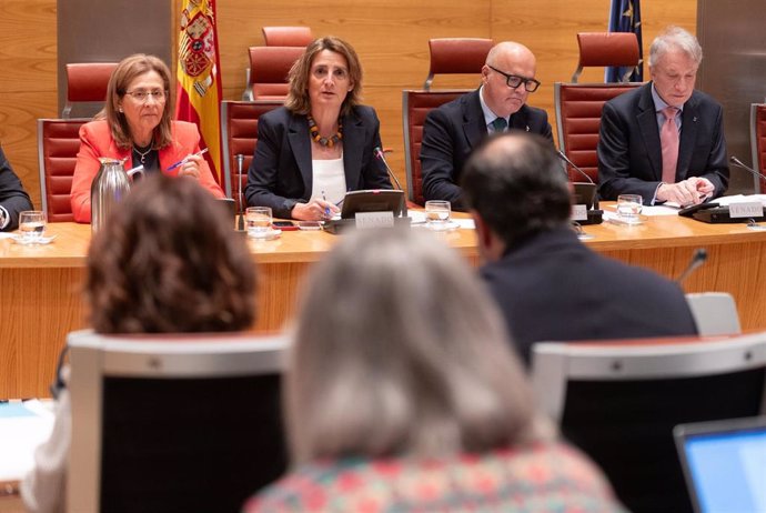 La vicepresidenta tercera y ministra para la Transición Ecológica y el Reto Demográfico, Teresa Ribera (2i), comparece ante la Comisión de Despoblación y Reto Demográfico, en el Senado, a 4 de abril de 2024, en Madrid (España). Durante la comparecencia, l