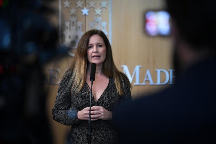 La consejera de Familia, Juventud y Asunstos Sociales, Ana Dávila, ofrece declaraciones a los medios durante el pleno en la Asamblea de Madrid.