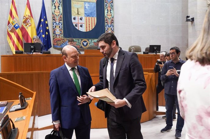 El vicepresidente primero del Gobierno de Aragón, Alejandro Nolasco, y el portavoz de VOX, Santiago Morón.