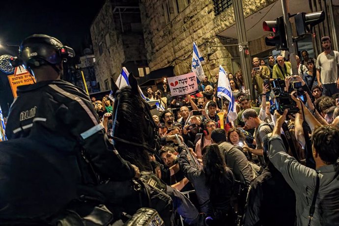 April 2, 2024, Jerusalem, Israel: Israeli police officers push back protestors on Azza street. Thousands of Israelis gathered around the Knesset to protest against Prime Minister Benjamin Netanyahu, followed by a torch march led by the hostage's families 