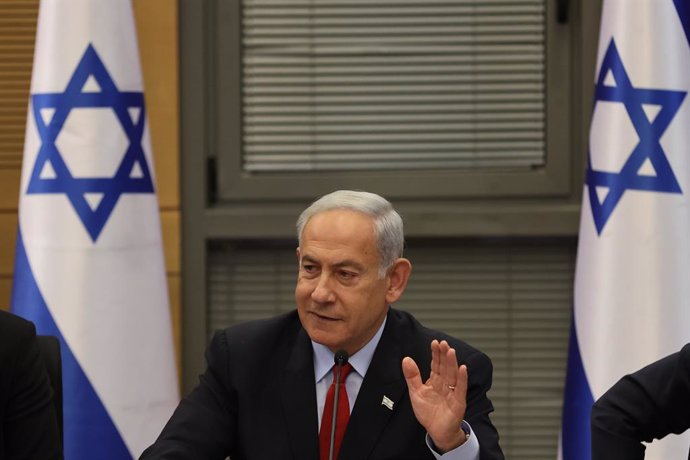 Archivo - FILED - 23 May 2023, Israel, Jerusalem: Israeli Prime Minister Benjamin Netanyahu gives a statement in the Knesset during the coalition meeting ahead of the vote on the new budget. Photo: Ilia Yefimovich/dpa