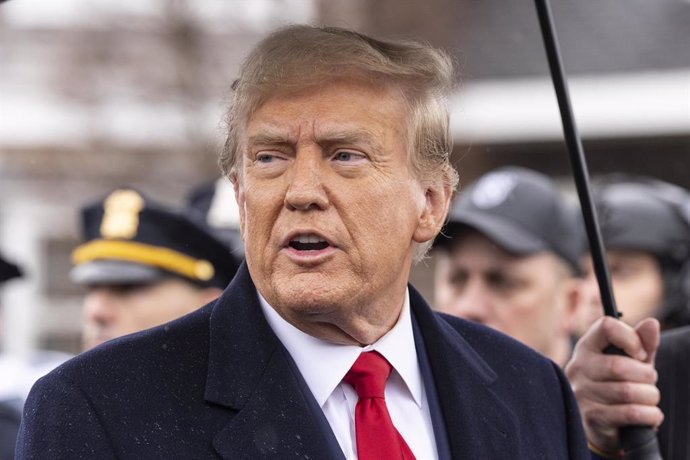 March 28, 2024, Massapequa Park, New York, United States: Former President Donald Trump Jr. speaks to the press after attending wake for NYPD officer Jonathan Diller at Massapequa Funeral Home in Massapequa Park, NY on March 28, 2024