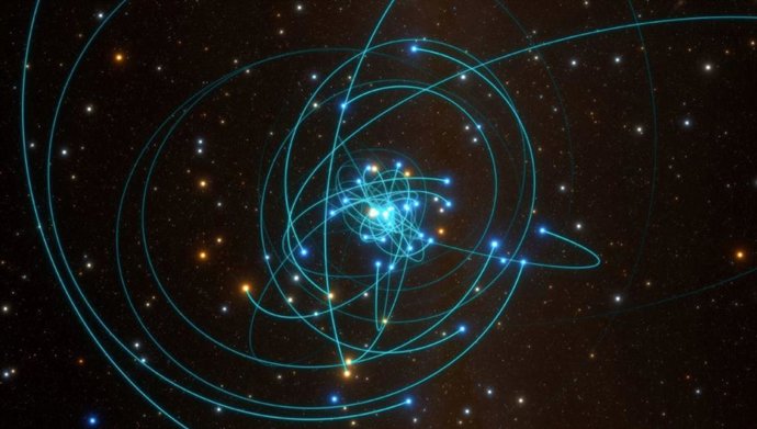 Esta ilustración muestra las órbitas de estrellas muy cercanas a Sagitario A estrella, un agujero negro supermasivo en el corazón de la Vía Láctea.