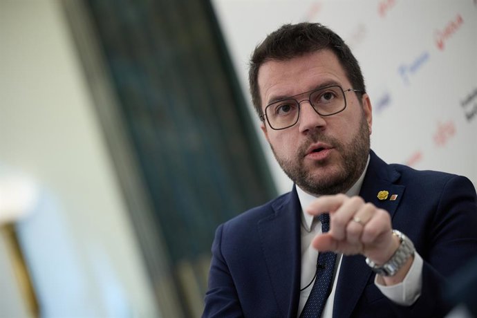 El president de la Generalitat de Catalunya, Pere Aragons, interve durant un desdejuny informatiu de Europa Press, a l' Hotel InterContinental Madrid, a 20 de marzo del 2024, a Madrid (Espanya).