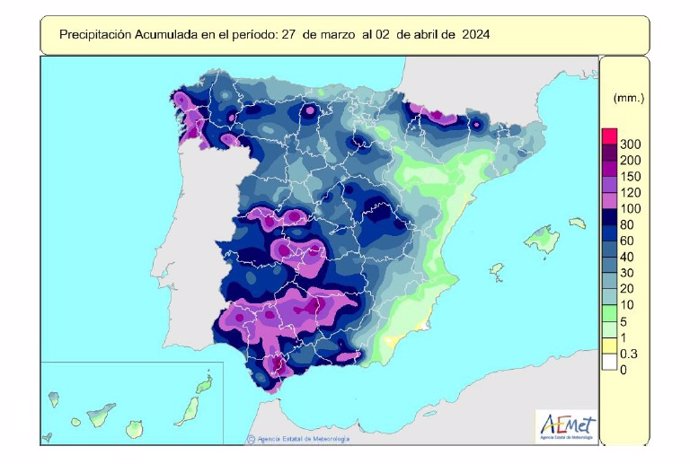 Las últimas lluvias sitúan las precipitaciones acumuladas en España un 16% por encima de su valor normal.