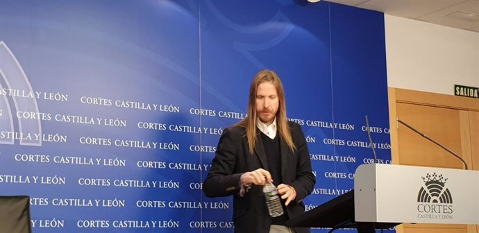 El coordinador autonómico de Podemos Castilla y León, Pablo Fernández, durante una rueda de prensa en las Cortes