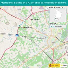 Plano de las afectaciones en la A-2 por obras en Lleida.