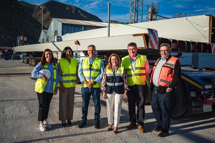 La presidenta del Cabildo de Tenerife, Rosa Dávila (c), junto a la primera pieza de la pasarela peatonal del Padre Anchieta