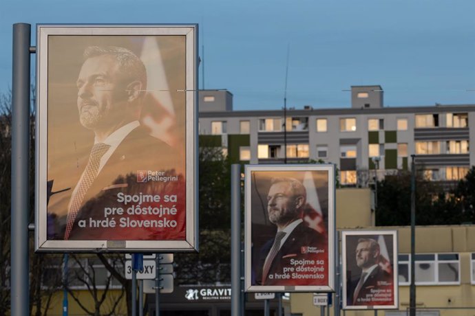 April 5, 2024, Bratislava, Slovakia: The election posters of presidential candidate and current speaker of the National Council Peter Pellegrini in the street in Bratislava. Ivan Korcok , a former Slovak foreign minister, won the first round of presidenti