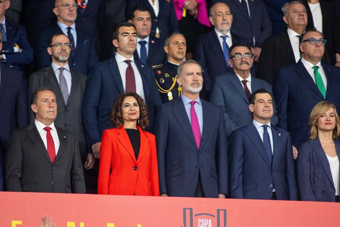 Rafael del Amo, Maria Jesus Montero, Felipe VI, Juanma Moreno and Pilar Alegria during the spanish cup, Copa del Rey, Final football match played between Athletic Club  and RCD Mallorca at La Cartuja stadium on April 6, 2024, in Sevilla, Spain.