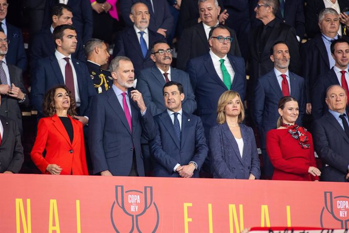 Maria Jesus Montero, Felipe VI, Juanma Moreno and Pilar Alegria during the spanish cup, Copa del Rey, Final football match played between Athletic Club  and RCD Mallorca at La Cartuja stadium on April 6, 2024, in Sevilla, Spain.