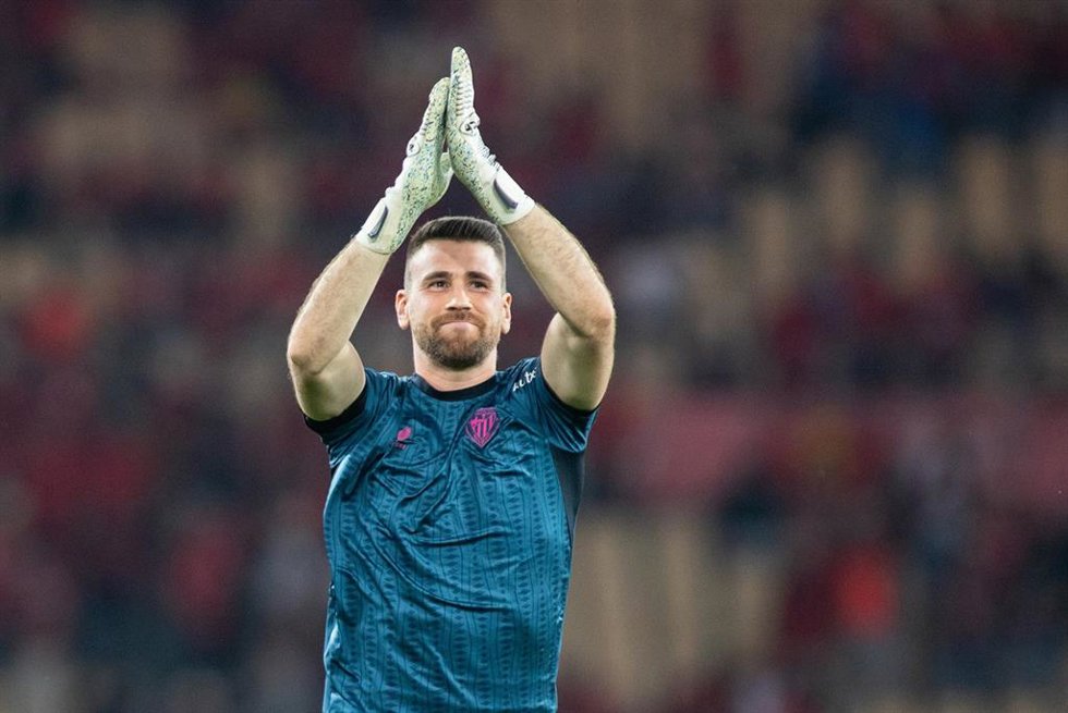 Unai Simon of Athletic Club gestures during the spanish cup, Copa del Rey, Final football match played between Athletic Club  and RCD Mallorca at La Cartuja stadium on April 6, 2024, in Sevilla, Spain.