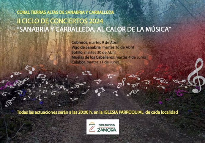 Cartel del II Ciclo de Conciertos de la Coral Tierras Altas de Sanabria y Carballeda en cinco localidades zamoranas.