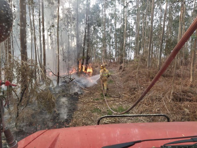 Un bombero extingue un incendio forestal en Cantabria