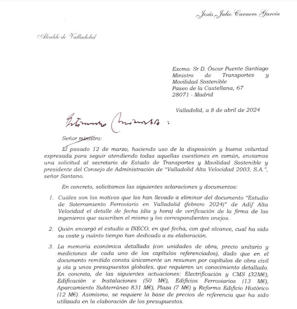 Captura de la carta remitida por Carnero a Puente