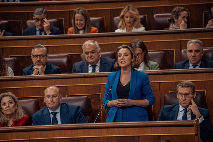 La secretaria general del PP, Cuca Gamarra, interviene durante una sesión de control al Gobierno, en el Congreso de los Diputados, a 20 de marzo de 2024, en Madrid (España). Durante el pleno, el Gobierno ha hablado sobre los contratos de emergencia suscri