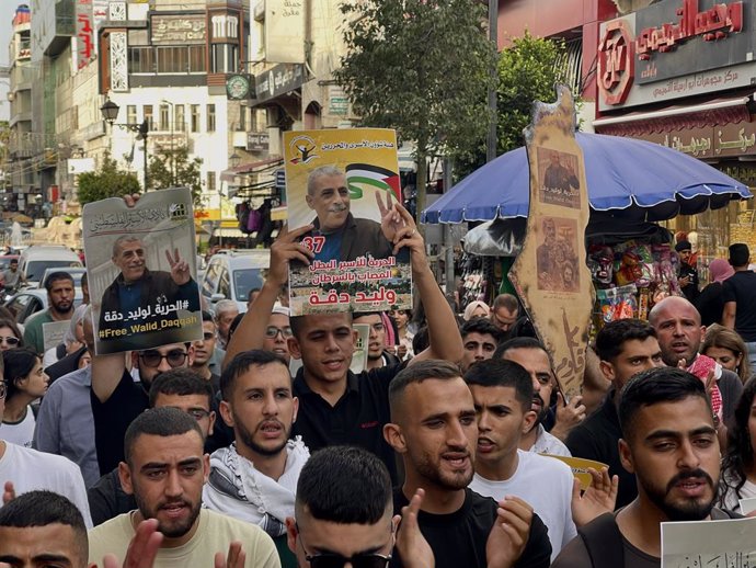 June 3, 2023, Ramallah, West Bank, Palestinian Territory: Palestinians take part in a protest to the support with the sick prisoner, Walid Daqqa, helds Israeli Jails, in Ramallah on June 03, 2023. The decision of the Israeli Prison Service Parole Committe
