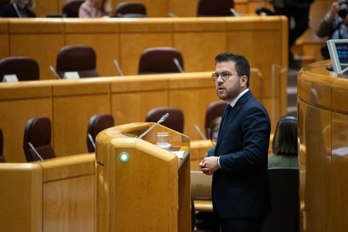 El presidente de la Generalitat de Catalunya, Pere Aragons, interviene durante la reunión de la Comisión General de las Comunidades Autónomas, en el Senado, a 8 de abril de 2024, en Madrid (España). La reunión de la Comisión General de las Comunidades 