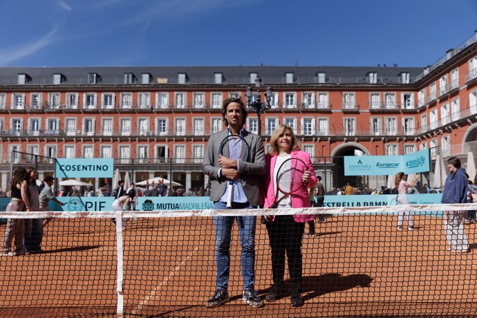 Inmaculada Sanz, Vice Mayor of Madrid, and Feliciano Lopez, Tournament Director, pose for photo during the presentation of Mutua Madrid Open 2024 at Plaza Mayor on April 8, 2024, in Madrid, Spain.
