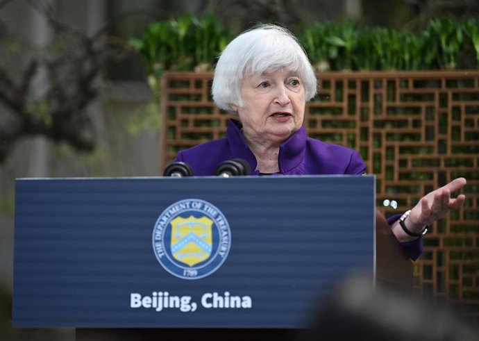 08 April 2024, China, Beijing: US Treasury Secretary Janet Yellen speaks to journalists. The 77-year-old ended her several-day visit to China on Monday, during which she met high-ranking representatives of the Chinese government. Photo: Johannes Neudecker