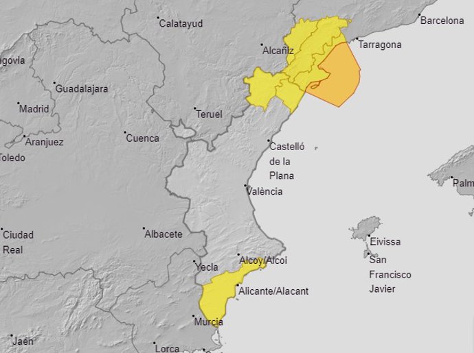 El norte de Castellón y el sur de Alicante activarán este martes la alerta amarilla por fuertes vientos