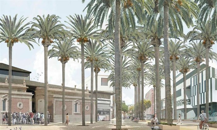 Archivo - Recreación de la peatonalización en Obispo Orberá frente al Mercado Central, con palmeras en la plaza conforme a la idea original.