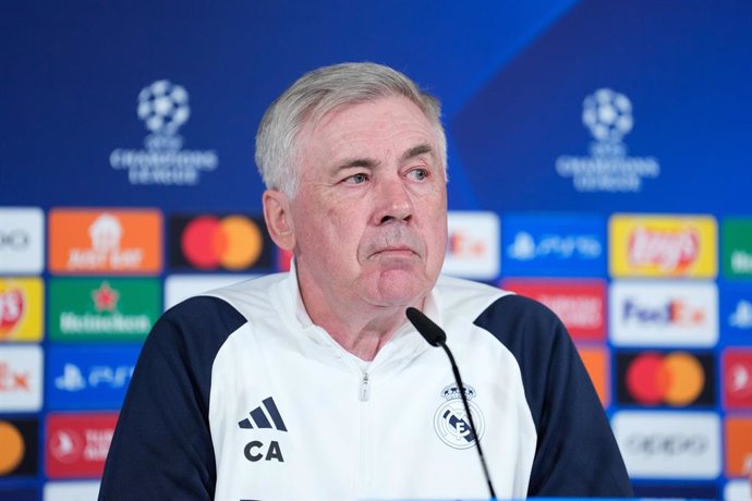 Carlo Ancelotti attends his press conference after the training session of Real Madrid before the UEFA Champions League, Quarter finals, football match against Manchester City at Ciudad Deportiva Real Madrid on April 8, 2024, in Valdebebas, Madrid, Spain.