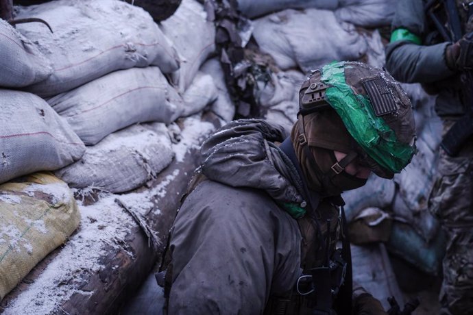 March 11, 2024, Donetsk Region, Ukraine: A Ukrainian soldier is seen standing next to the sandbags in a trench in the Donetsk region. With a lack of ammunition and military personnel, Ukraine is having a hard time on its frontline as the war between Ukrai