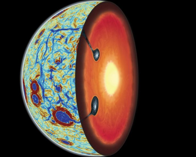 Ilustración esquemática con un mapa de gradiente de gravedad (patrón hexagonal azul) de la cara cercana de la Luna y una sección transversal que muestra dos surgencias acumuladas con ilmenita provenientes del vuelco del manto lunar.